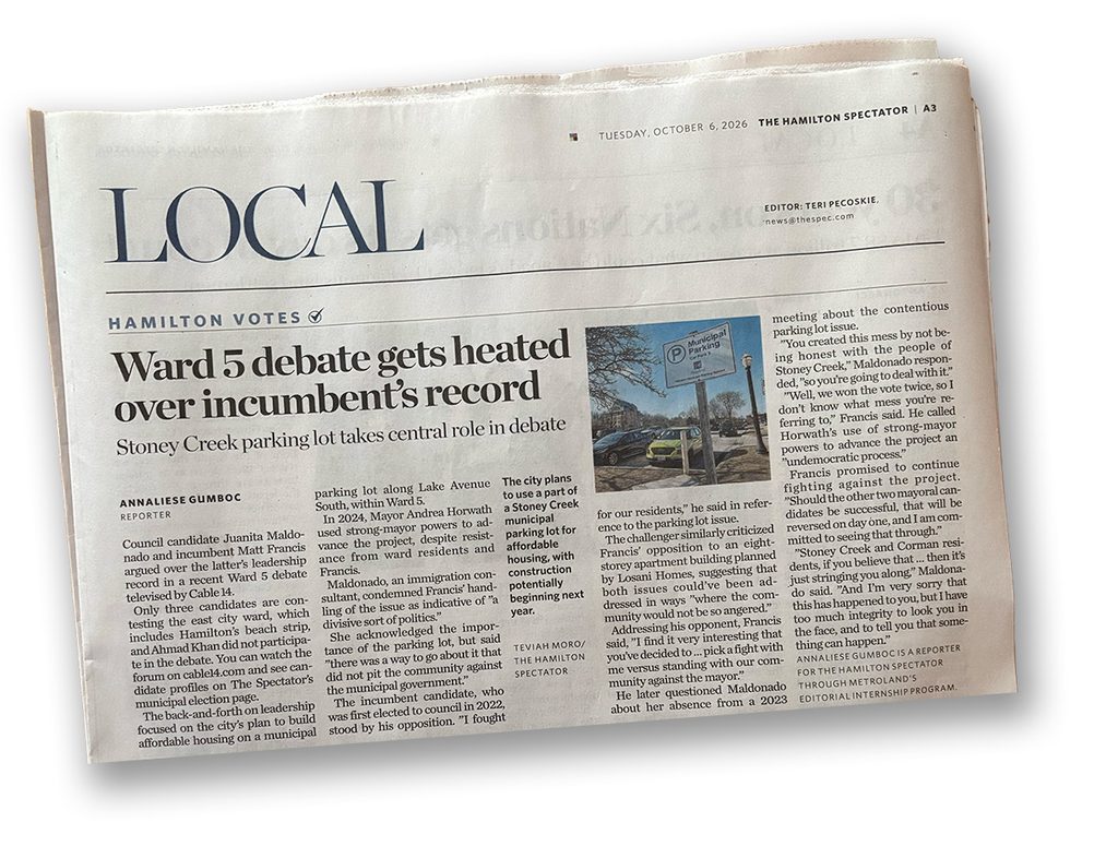 The Spectator's Local section with article about Ward 5 Debate.