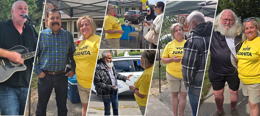 Series of images with Juanita talking with neighbours out door and one with a man playing music on guitar and singing.